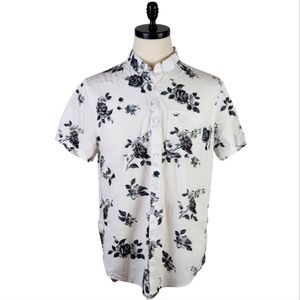 Hollister Epic Flex Floral Button-Up Shirt White Gray L Short Sleeve Stretch
